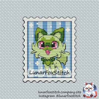 Green cat postage stamp cross stitch pattern