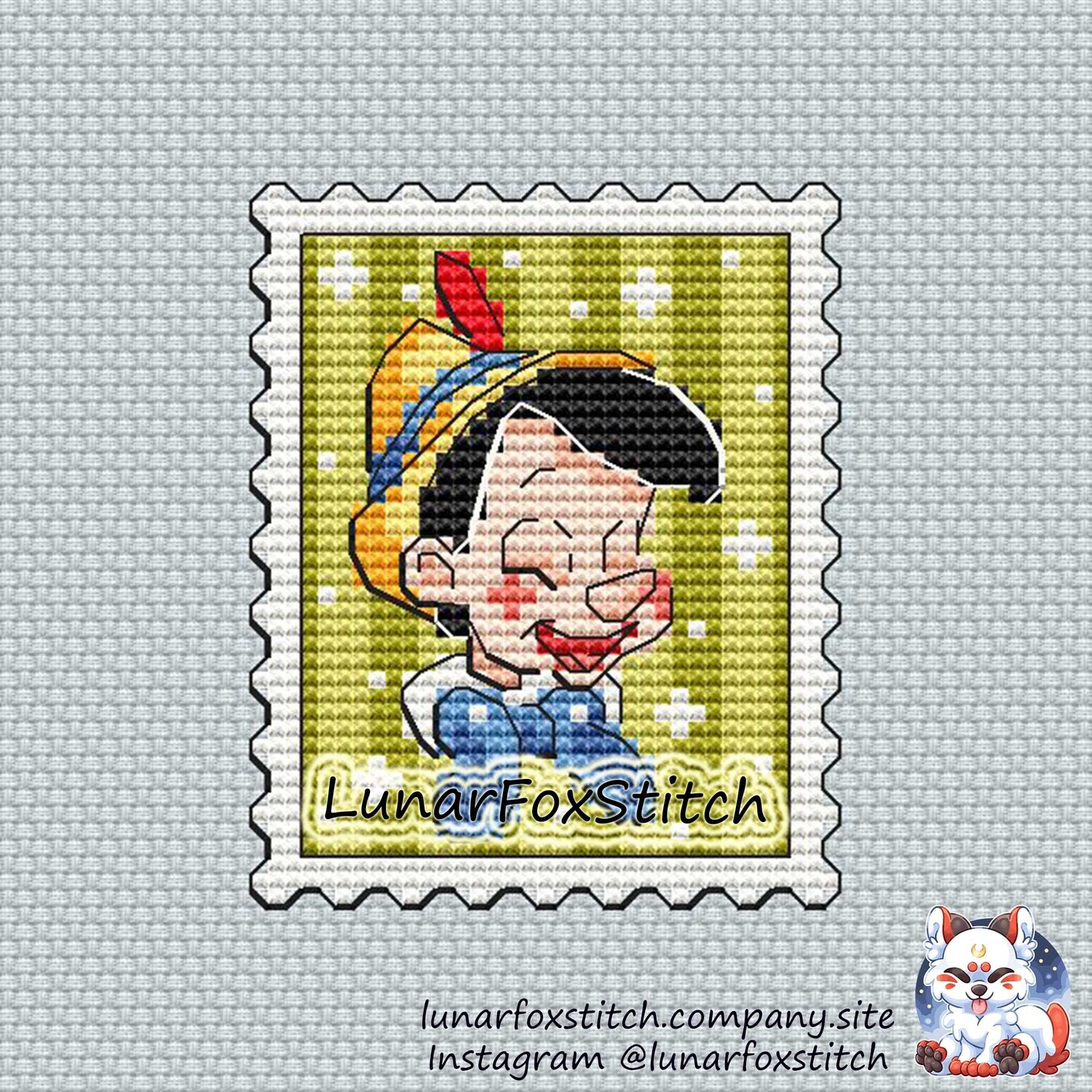 Wooden boy postage stamp cross stitch pattern