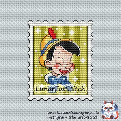 Wooden boy postage stamp cross stitch pattern