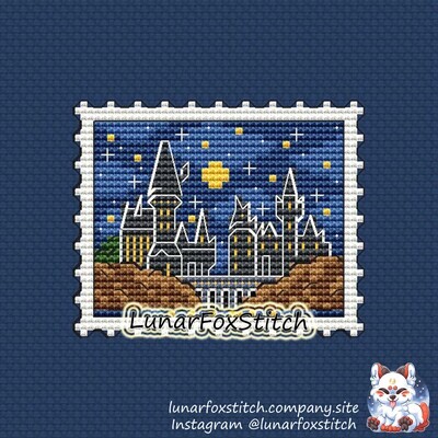 Magic school castle postage stamp cross stitch pattern