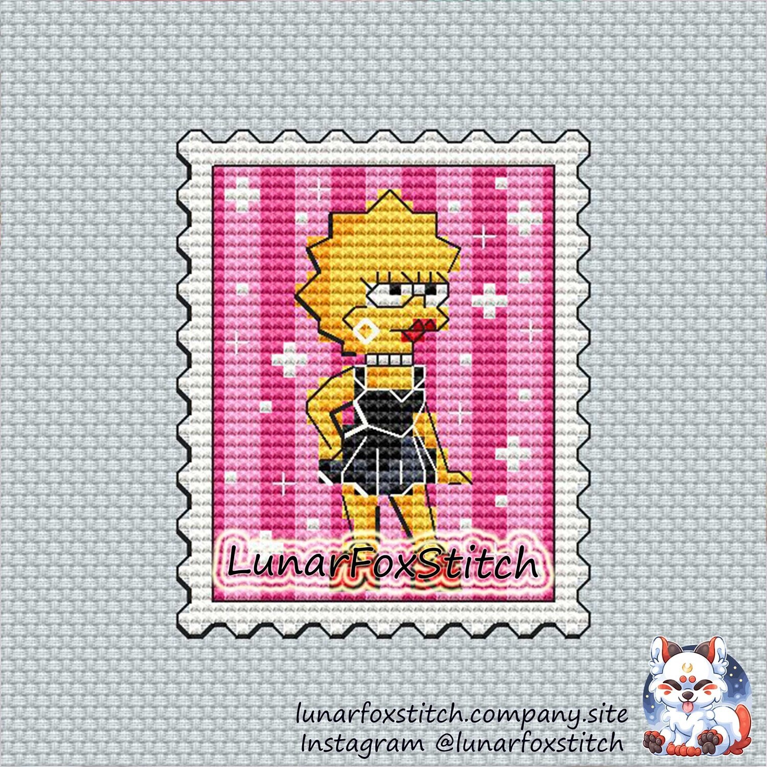 Cute girl in black dress postage stamp cross stitch pattern