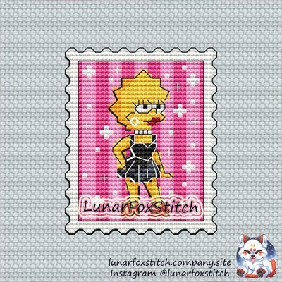 Cute girl in black dress postage stamp cross stitch pattern