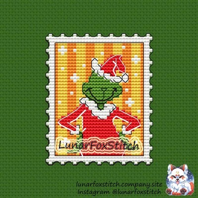 Christmas green villain postage stamp cross stitch pattern