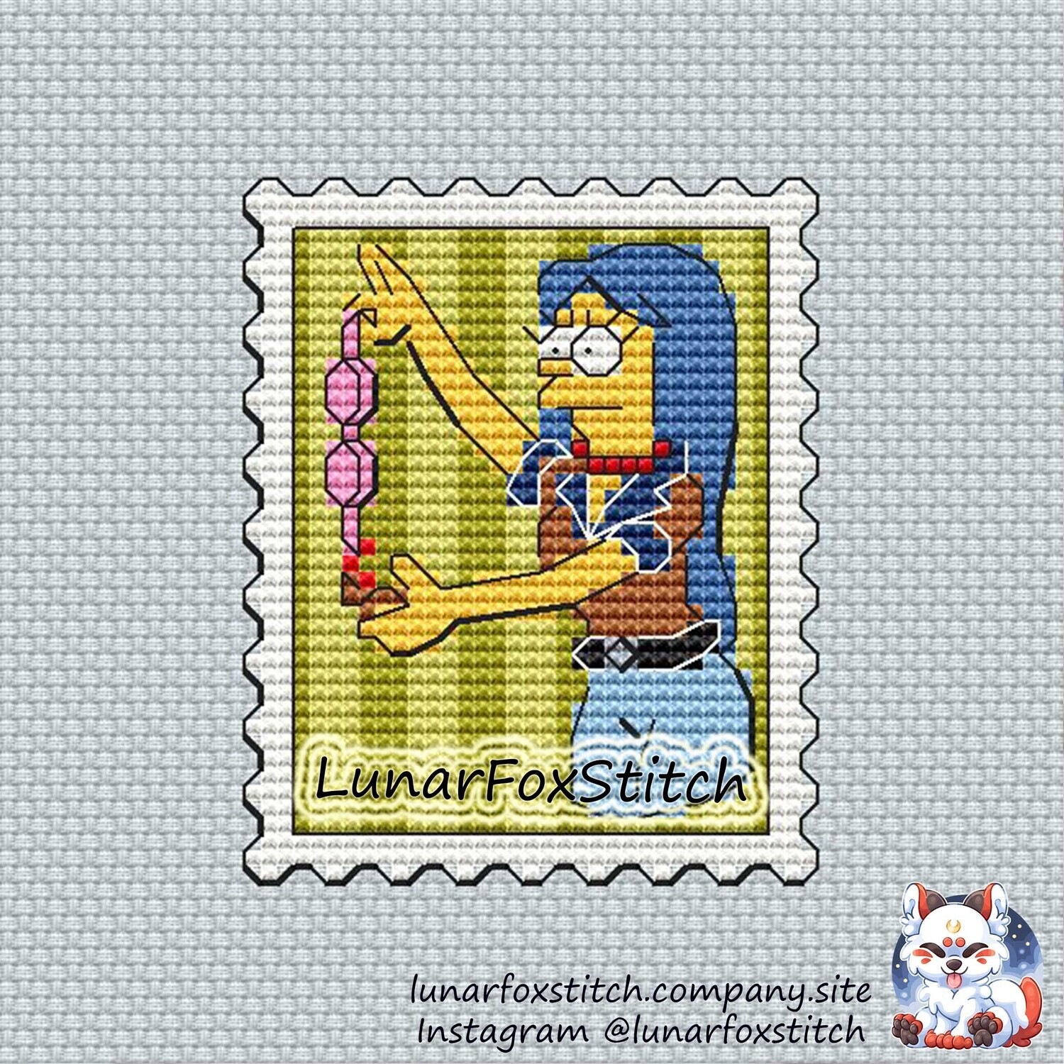 Woman with blue hair postage stamp cross stitch pattern