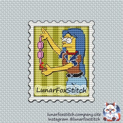 Woman with blue hair postage stamp cross stitch pattern
