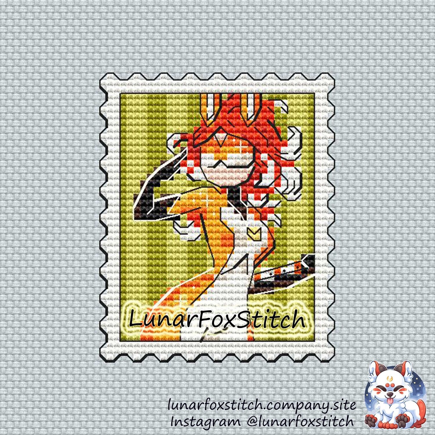 Fox anime girl postage stamp cross stitch pattern