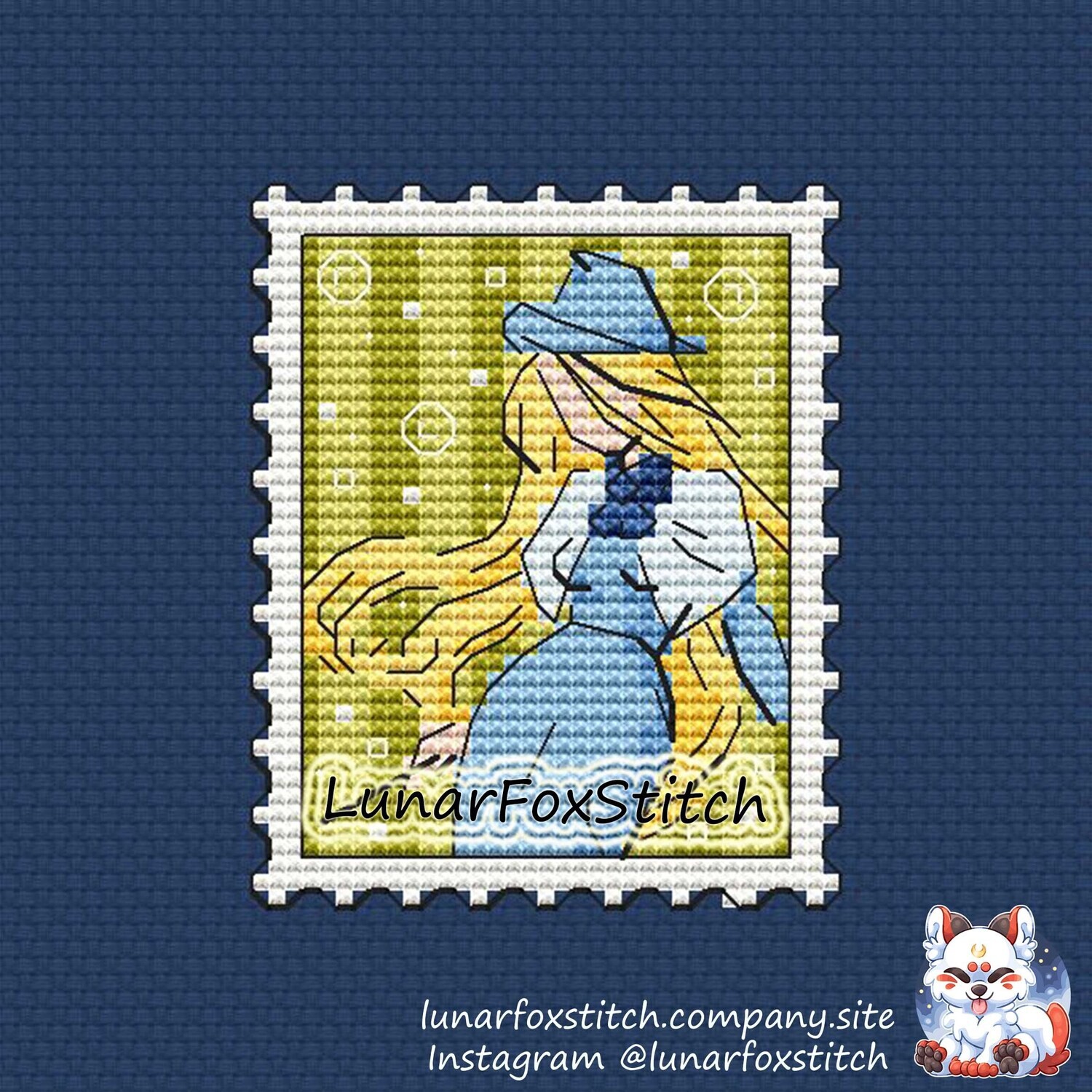 French wizard girl postage stamp cross stitch pattern