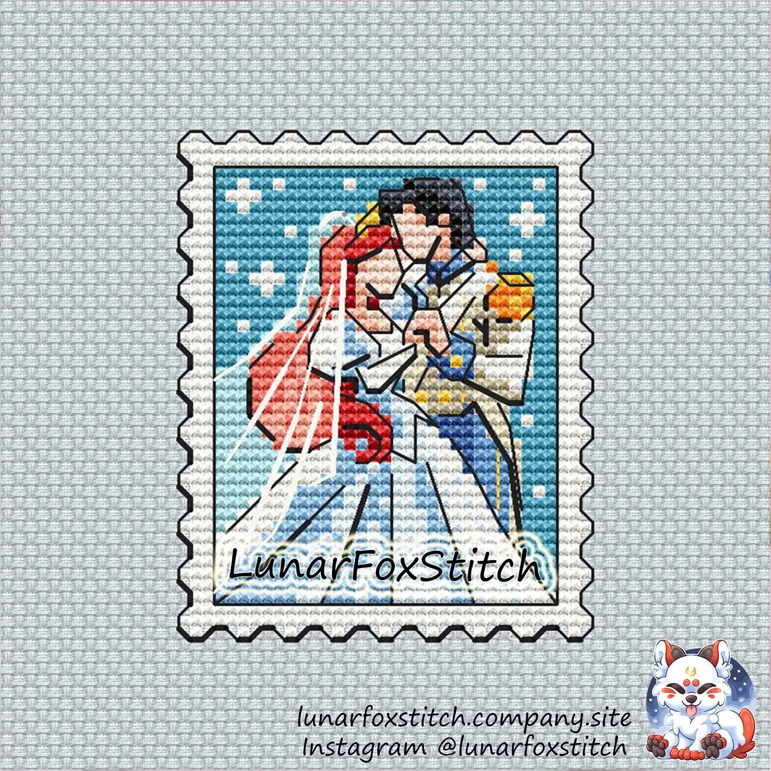 Mermaid and prince postage stamp cross stitch pattern