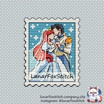 Mermaid and prince postage stamp cross stitch pattern