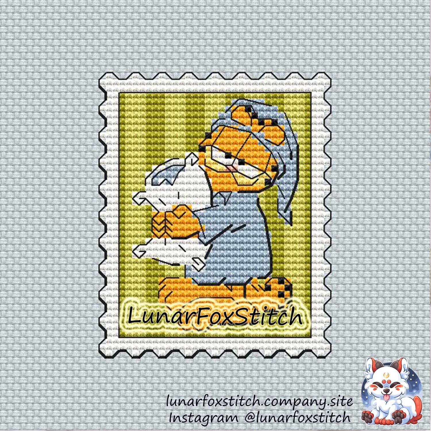 Orange cat postage stamp cross stitch pattern