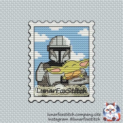Space boy and baby postage stamp cross stitch pattern