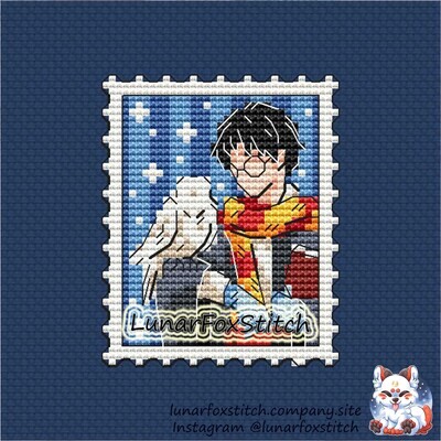 Wizard and owl postage stamp cross stitch pattern