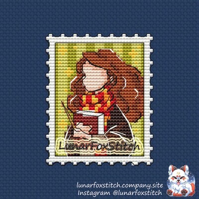 Lion wizard girl postage stamp cross stitch pattern