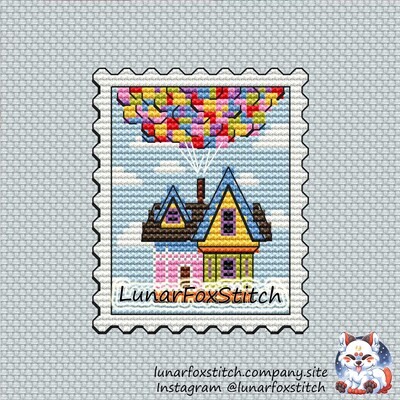 Balloon house postage stamp cross stitch pattern