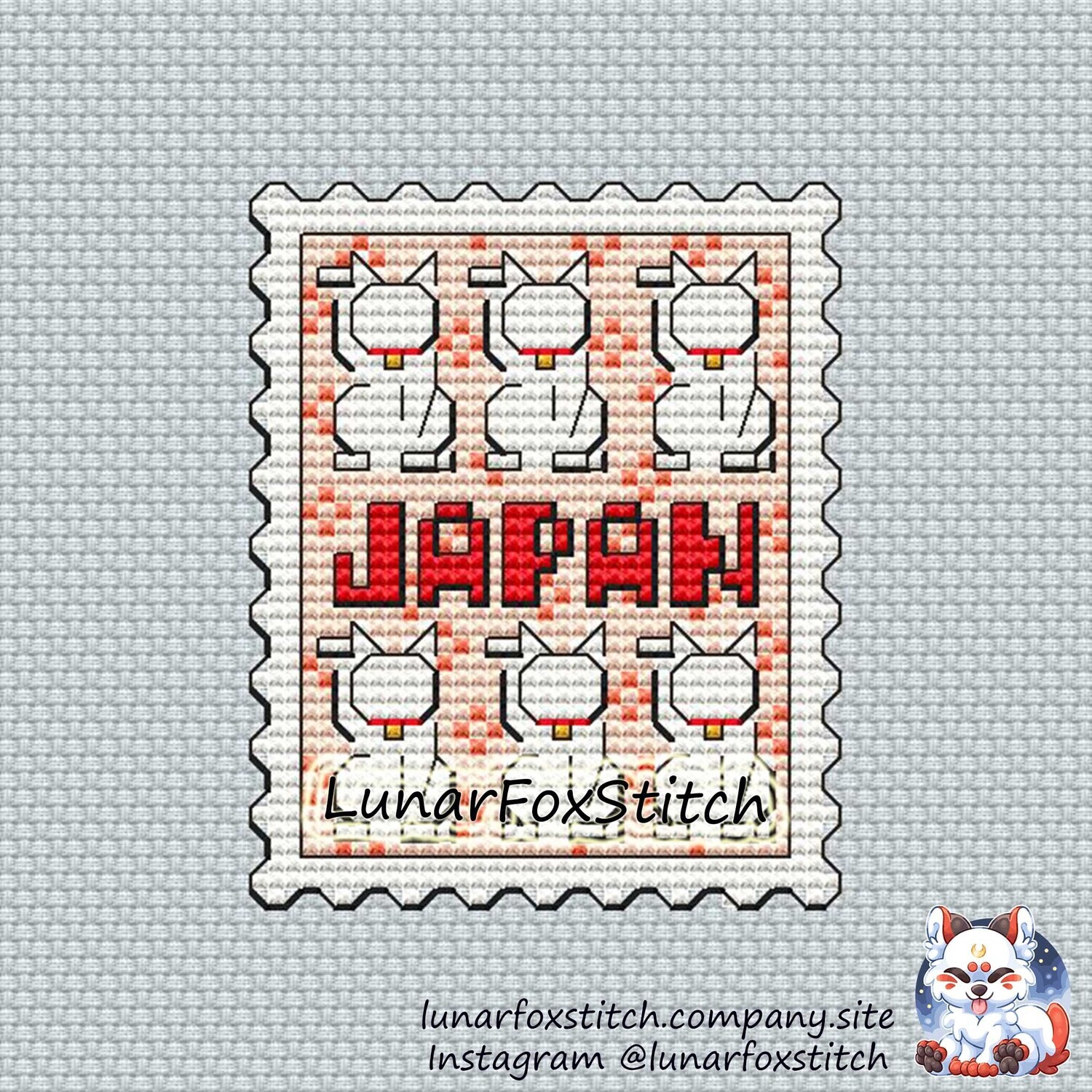 Japan Cat postage stamp cross stitch pattern
