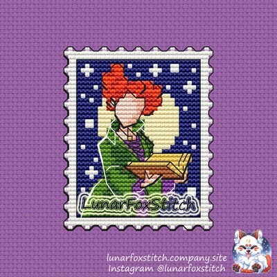 Red hair witch postage stamp cross stitch pattern