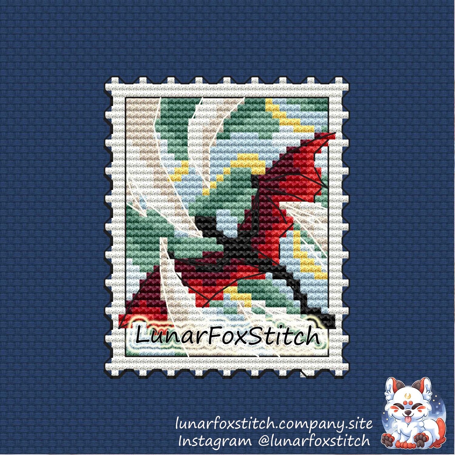 Red dragon postage stamp cross stitch pattern