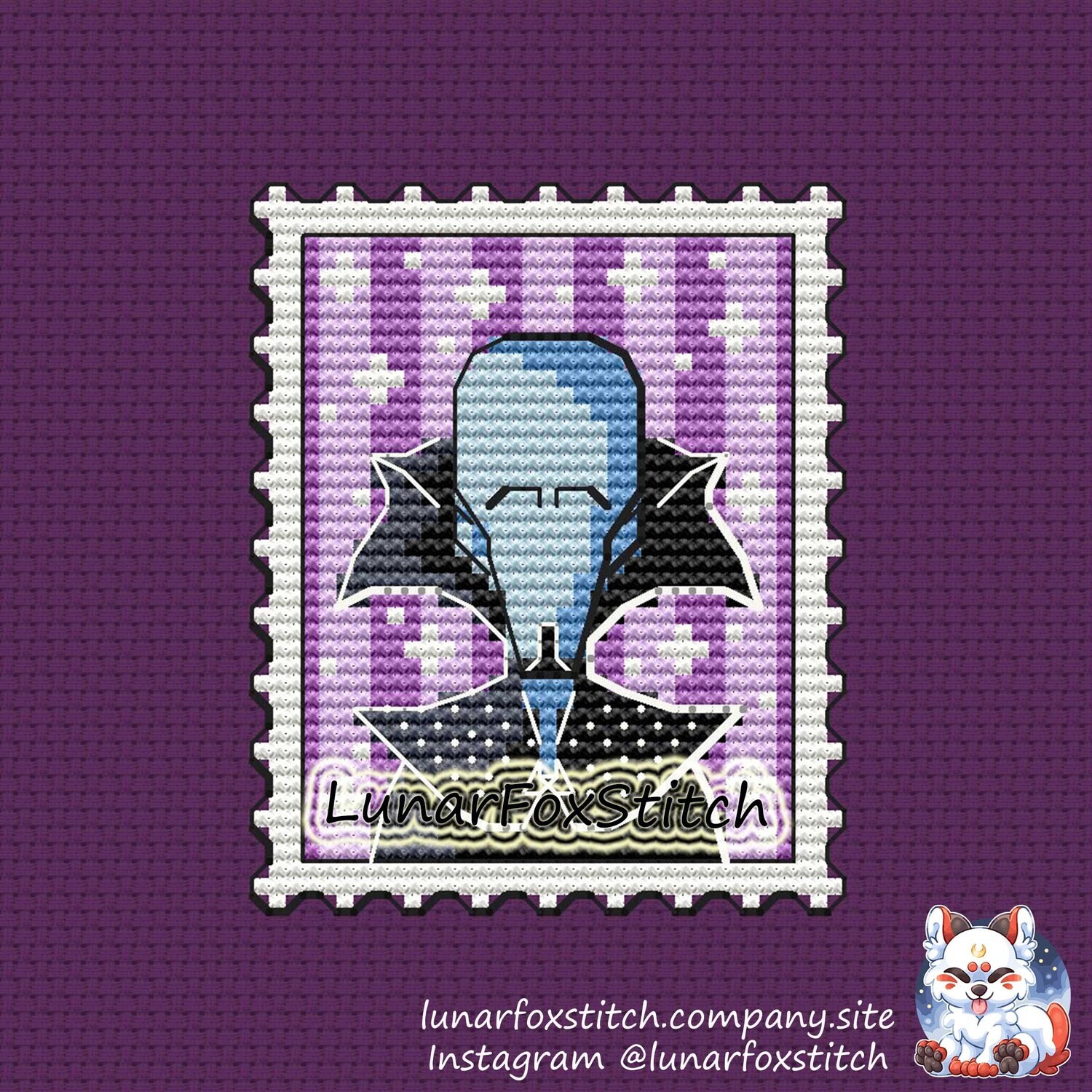 Blue villain postage stamp cross stitch pattern