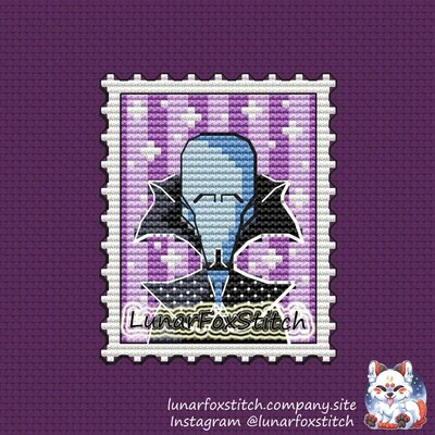 Blue villain postage stamp cross stitch pattern