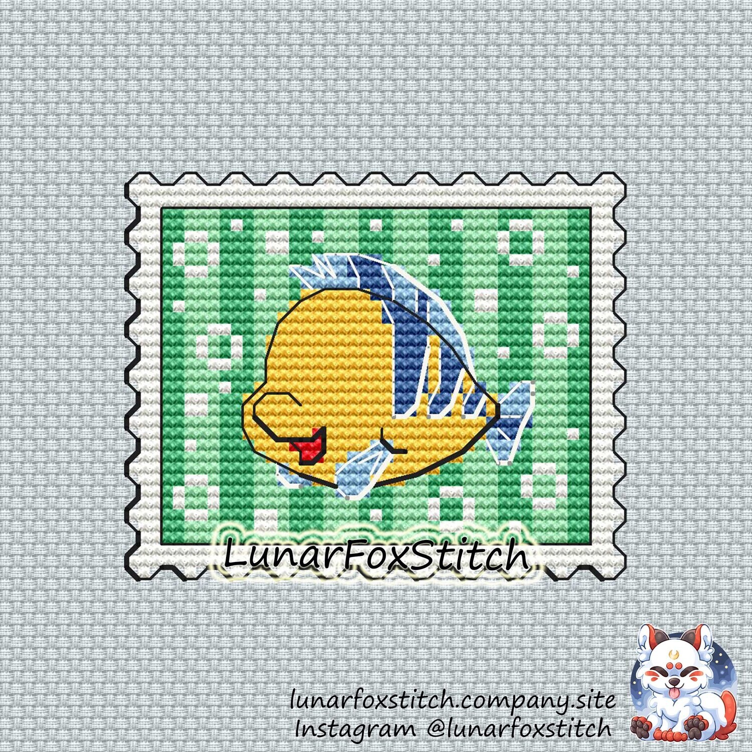 Yellow fish postage stamp cross stitch pattern