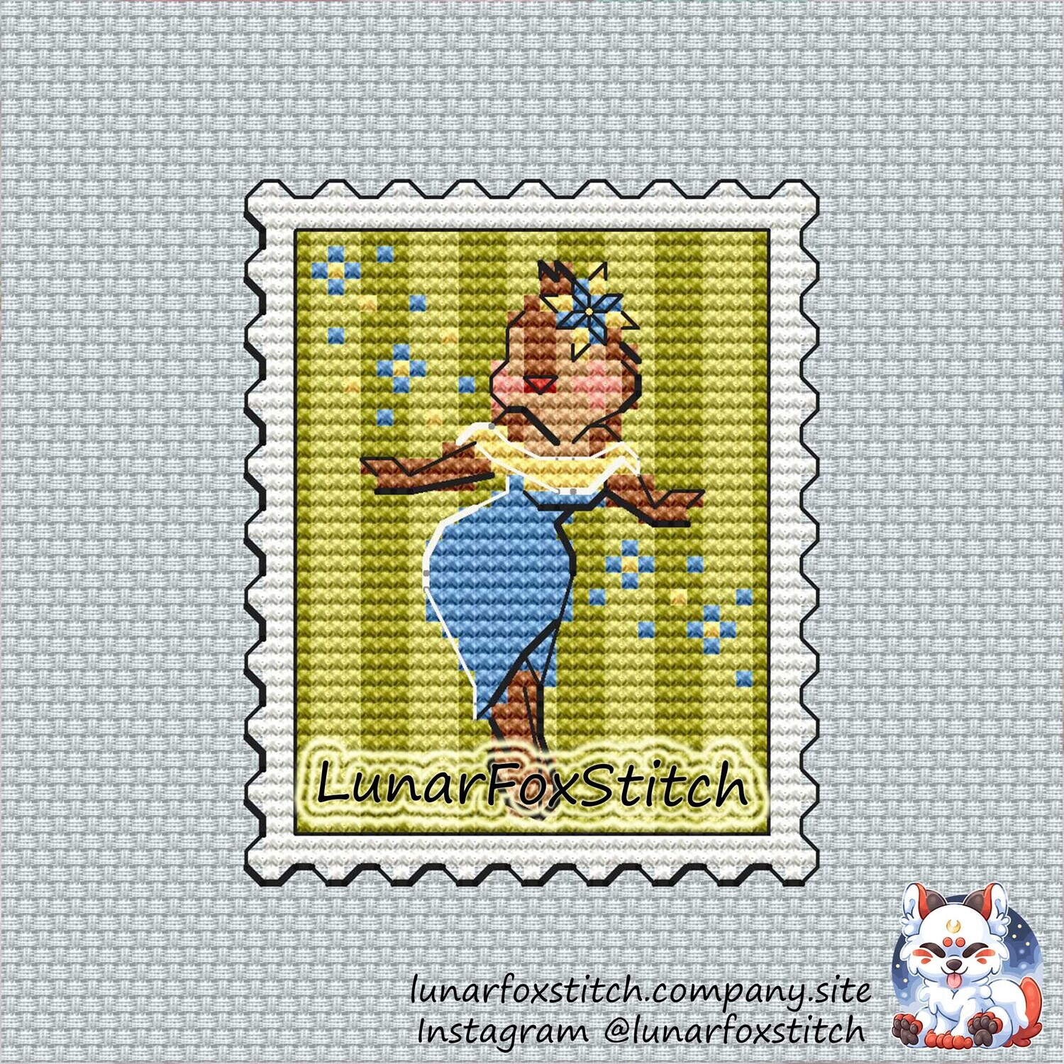Girl chipmunk postage stamp cross stitch pattern