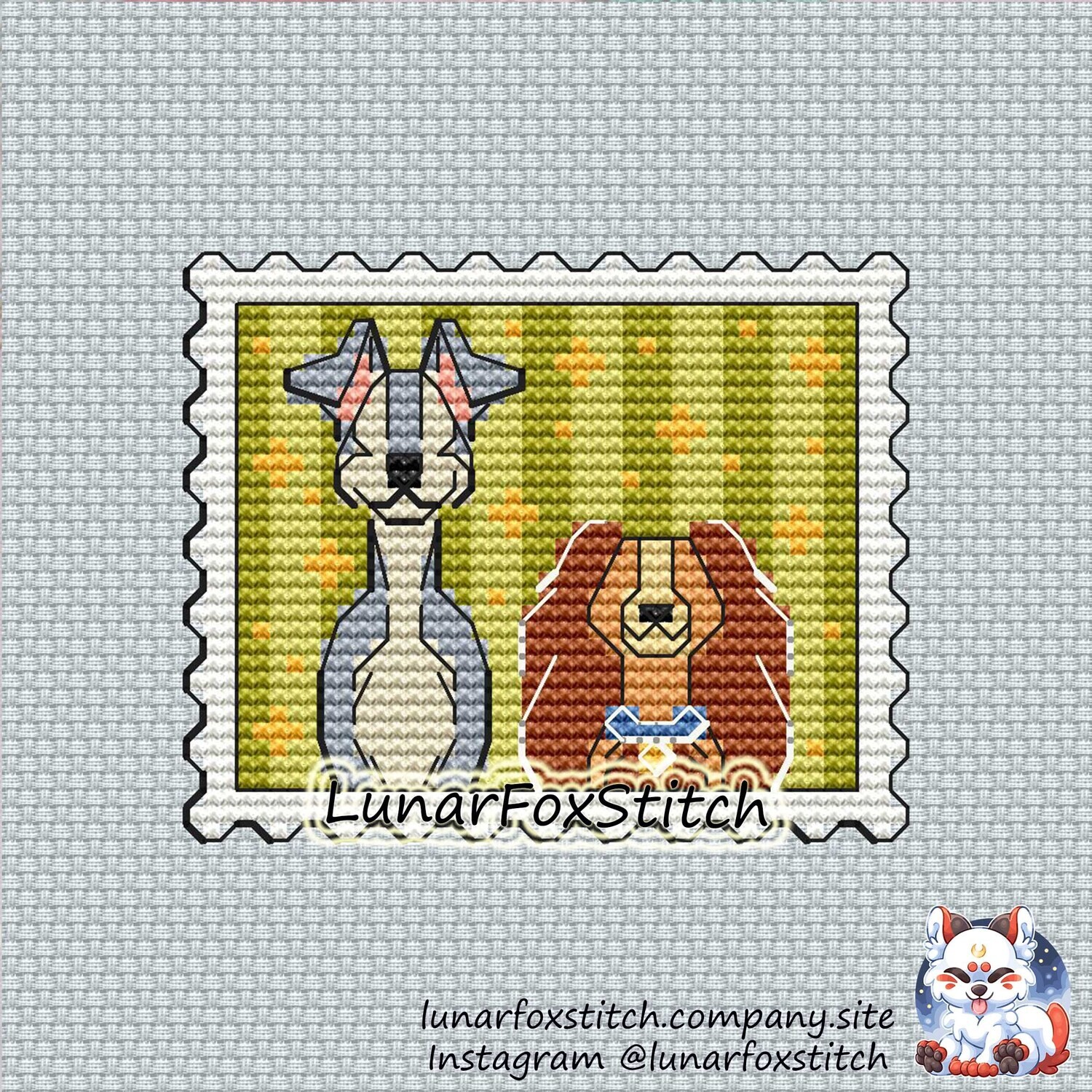 Dogs love postage stamp cross stitch pattern