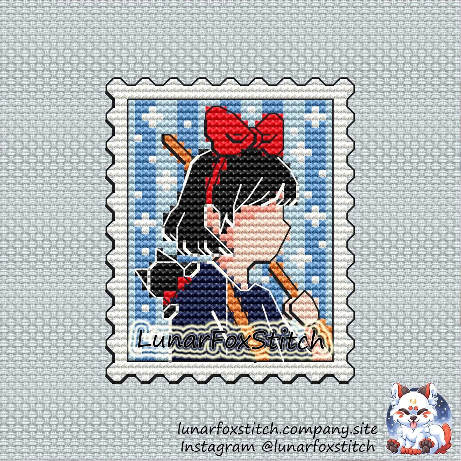 Witch with black cat postage stamp cross stitch pattern