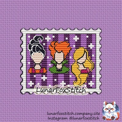 Witch sisters postage stamp cross stitch pattern