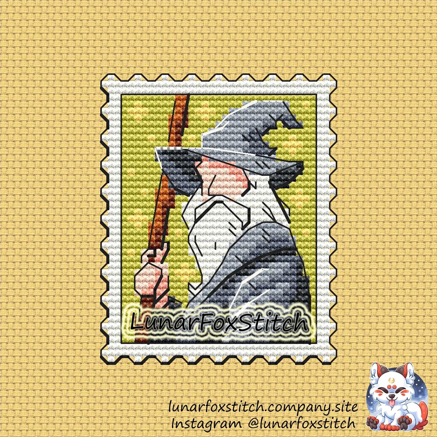 Grey wizard postage stamp cross stitch pattern