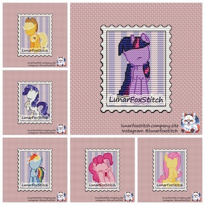Cute pony friends - set of 6 - postage stamp cross stitch pattern