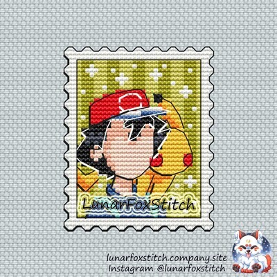 Anime boy with yellow fiend postage stamp cross stitch pattern