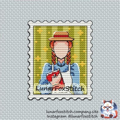 Red hair girl postage stamp cross stitch pattern