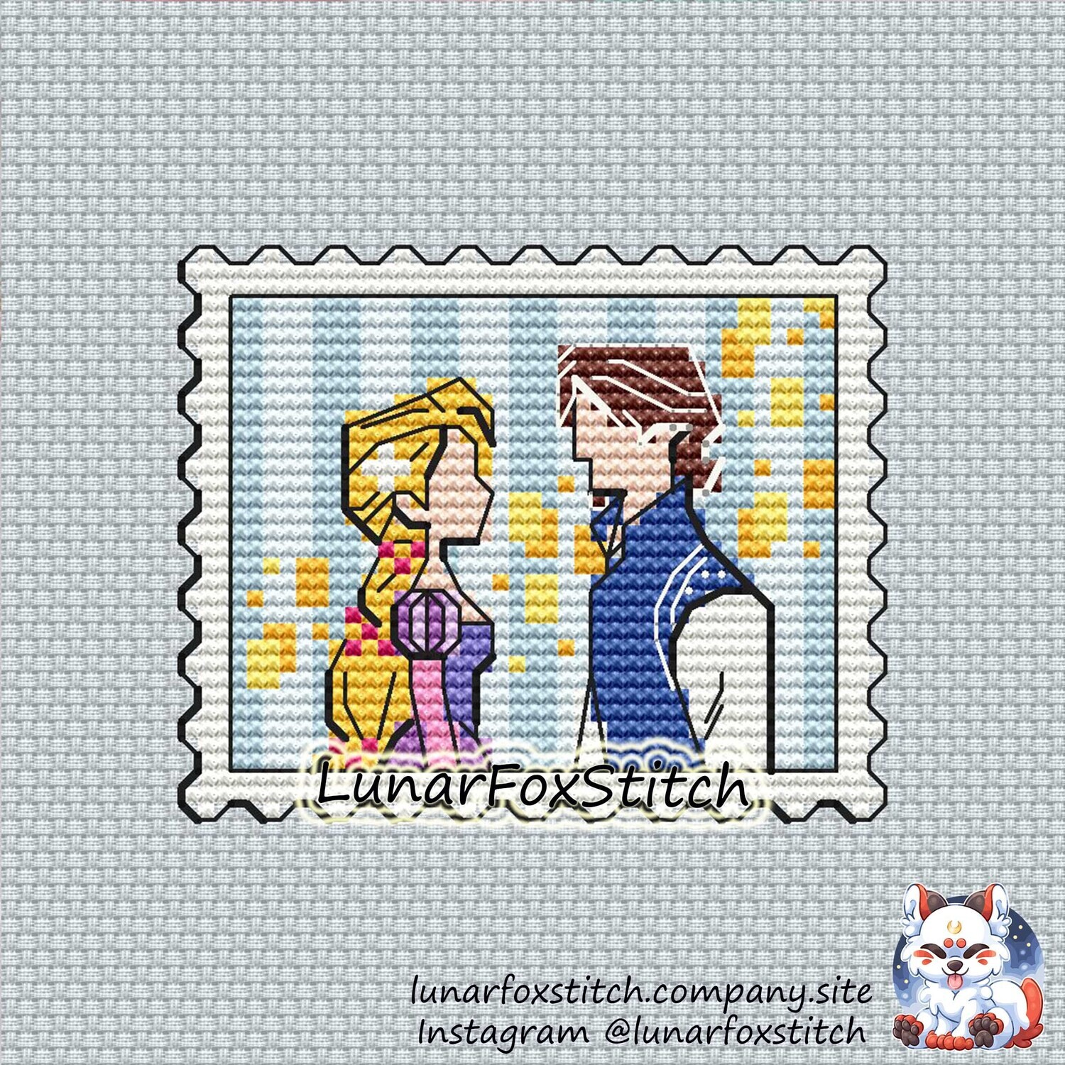 Long hair girl and boy postage stamp cross stitch pattern