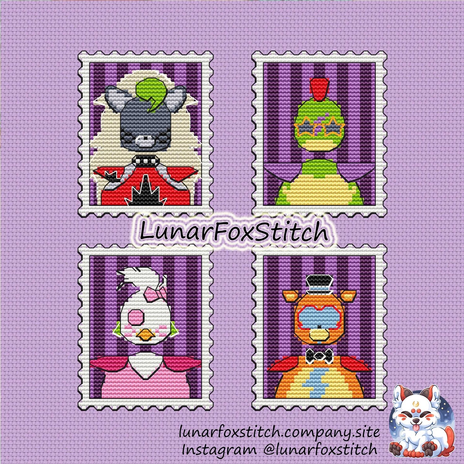 Wolf, crocodile, chicken, bear robot postage stamp cross stitch pattern