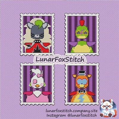 Wolf, crocodile, chicken, bear robot postage stamp cross stitch pattern