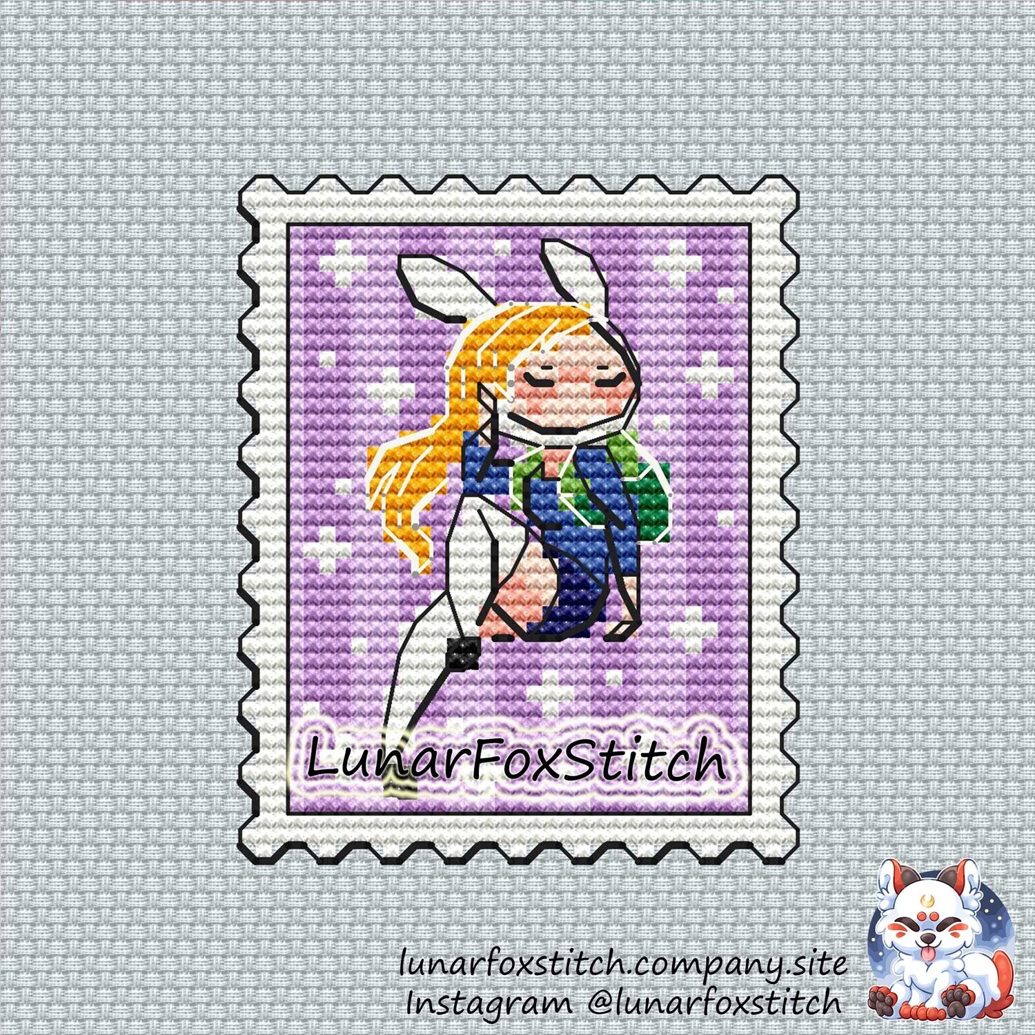 Rabbit girl postage stamp cross stitch pattern