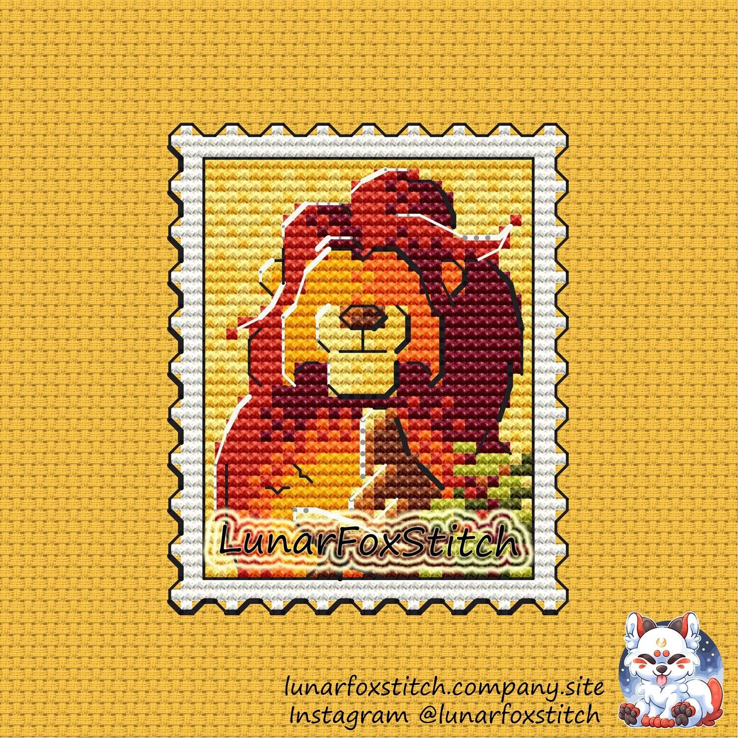 Lion postage stamp cross stitch pattern