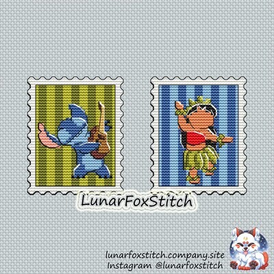 Blue chibi dog and girl postage stamp cross stitch pattern