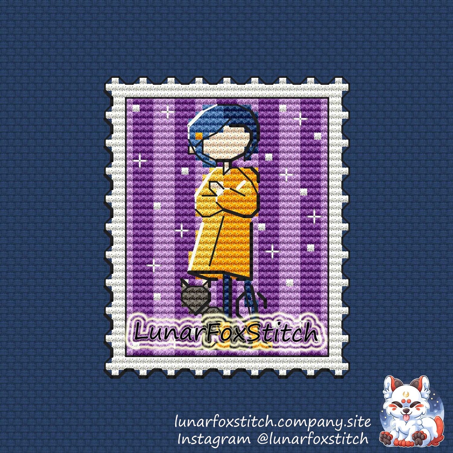 Blue hair girl postage stamp cross stitch pattern