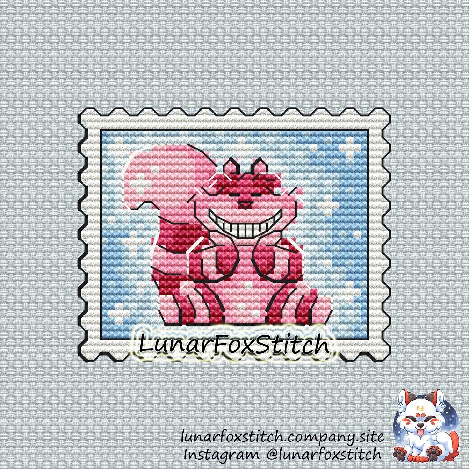 Pink cat postage stamp cross stitch pattern