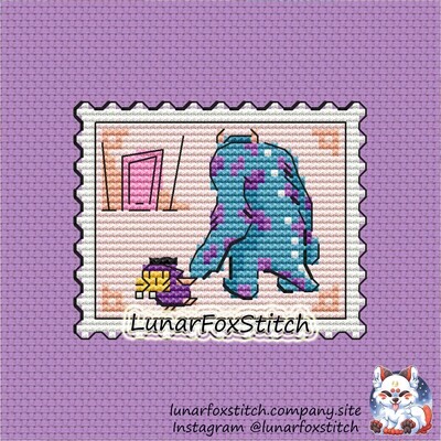 Girl and blue beast postage stamp cross stitch pattern