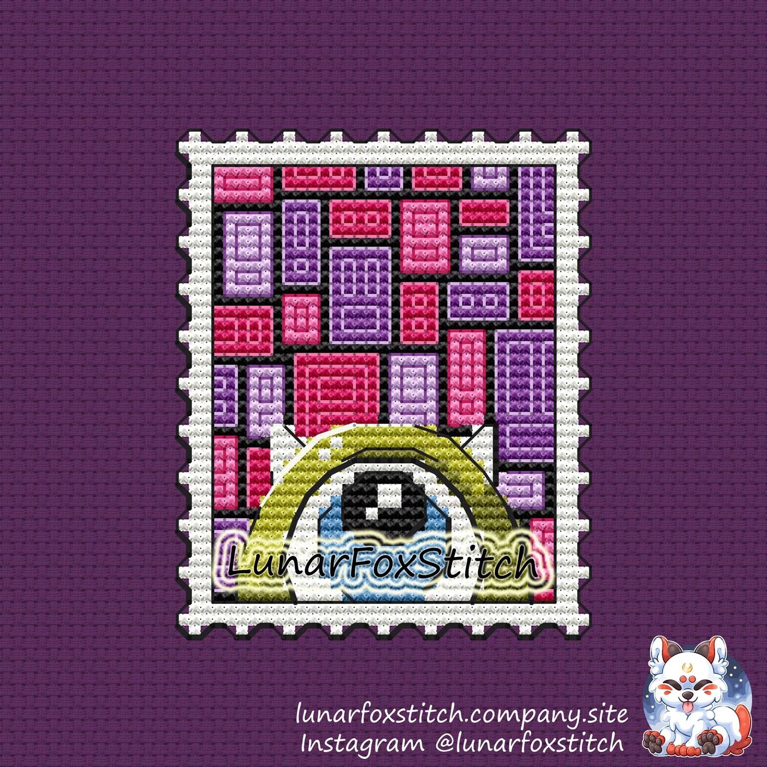 Green monster postage stamp cross stitch pattern