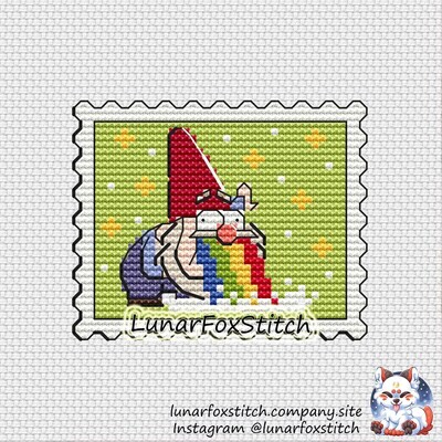 Rainbow dwarf postage stamp cross stitch pattern