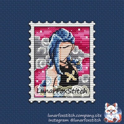Anime blue hair girl postage stamp cross stitch pattern
