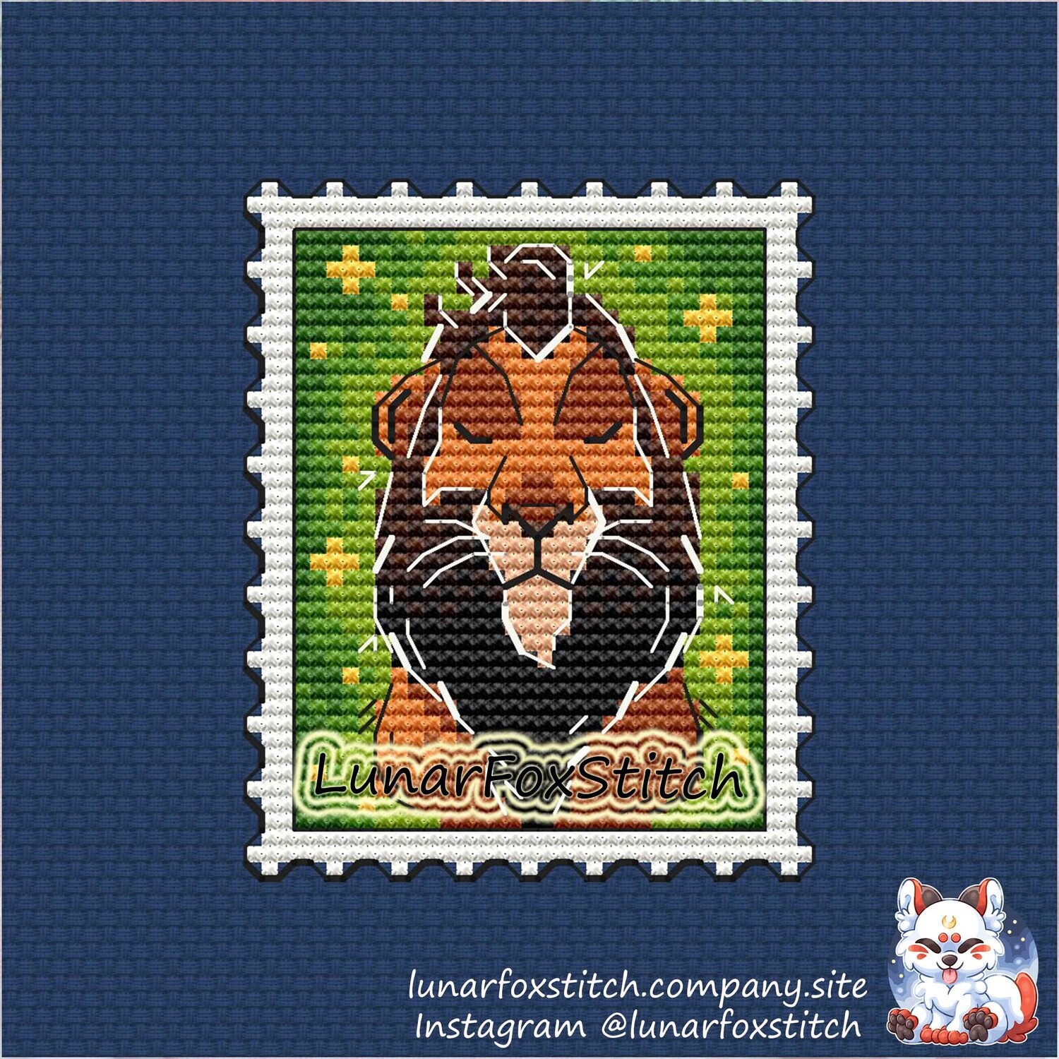 Lion postage stamp cross stitch pattern