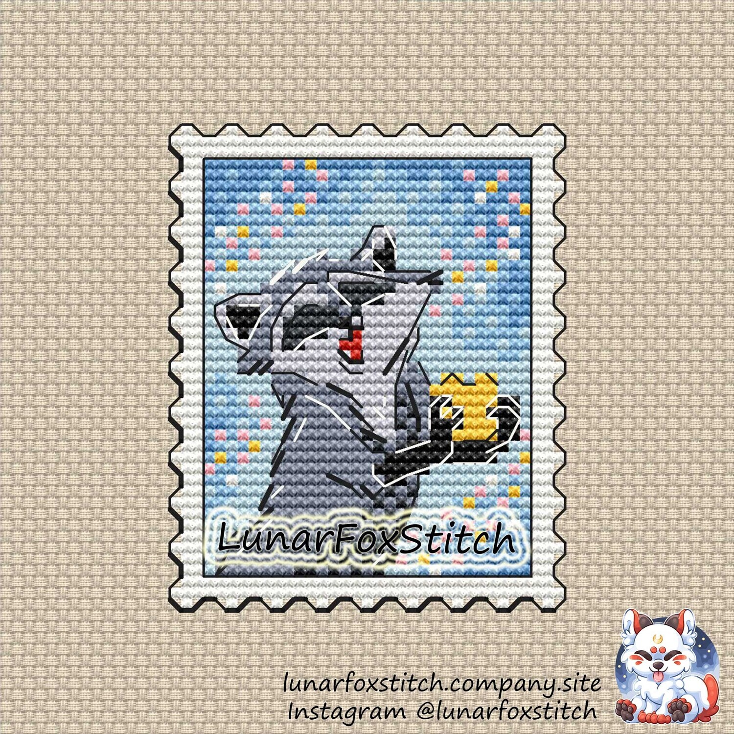 Raccoon with a cookie postage stamp cross stitch pattern