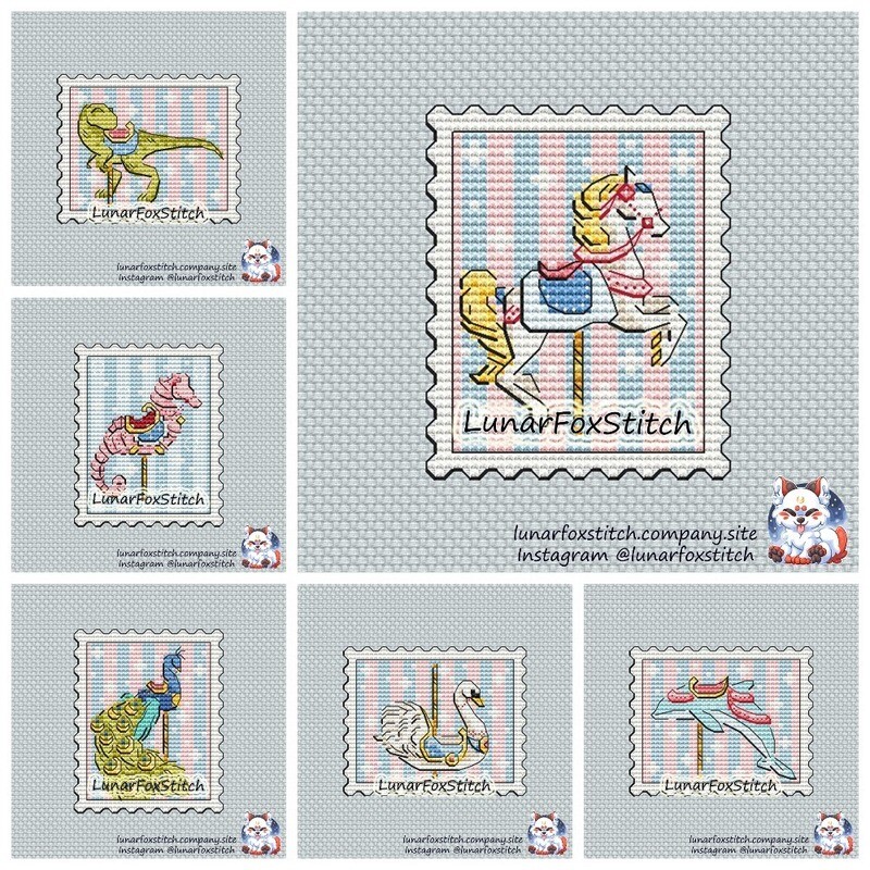 Carousel animals- set of 6 - postage stamp cross stitch pattern
