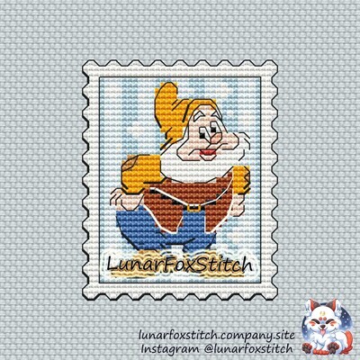 Happy dwarf postage stamp cross stitch pattern