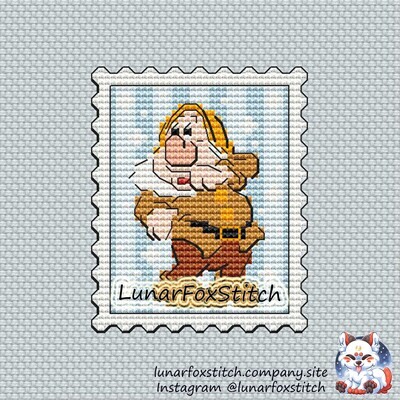 Sneezing dwarf postage stamp cross stitch pattern