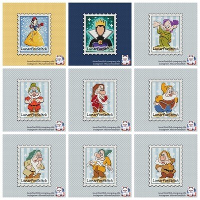 Princess and dwarfs - set of 9 - postage stamp cross stitch patterns